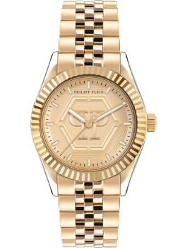 Goldene Philipp Plein Damenuhr mit rundem Zifferblatt, Markenlogo und Gliederarmband.