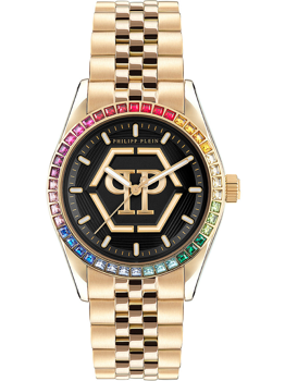 Philipp Plein Damenarmbanduhr mit bunten Steinen auf der Lünette und großem Logo auf schwarzem Zifferblatt.
