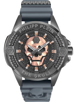 Philipp Plein Uhr mit Schädelmotiv, "The Skull" auf der Lünette und texturiertem Armband.