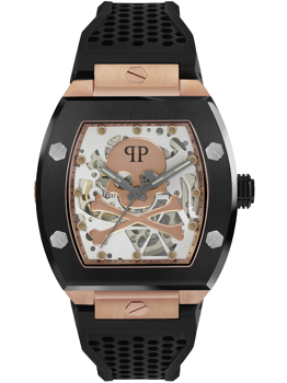 Skelettiertes Zifferblatt, Totenkopf-Motiv, sechskantige Schrauben an der Lünette, schwarzes Armband.