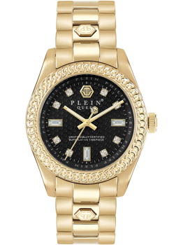 Goldene Uhr mit schwarzem Zifferblatt, Kristallmarkierungen; Aufschrift "Plein" und "Queen".