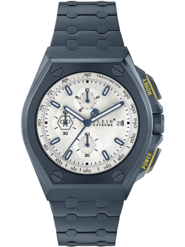 Dunkelblaue Armbanduhr mit Chronograph, Tachymeter-Lünette, drei Zifferblättern und Texturzifferblatt.