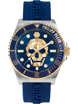 Blaue Uhr mit Totenkopf auf dem Zifferblatt, goldene Details und "PHILIPP PLEIN" auf dem Armband.