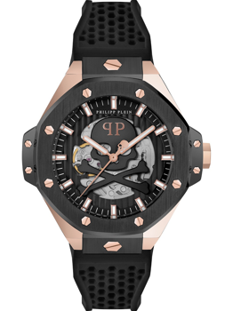 Philipp Plein Herrenuhr mit Skelettzifferblatt, hexagonaler Lünette und texturiertem Armband.