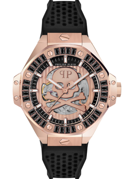 Philipp Plein Uhr mit skelettiertem Zifferblatt, roségoldenem Gehäuse und strukturiertem Armband.