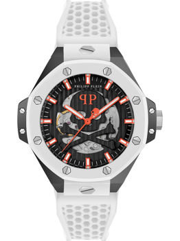 Skelettdesign, sechseckige Lünette mit Schrauben, texturiertes Armband, orange Akzente, Logo sichtbar.