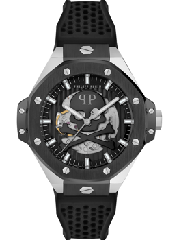 Herren-Skelettarmbanduhr mit sichtbaren Mechanismen und "Philipp Plein"-Schriftzug auf dem Zifferblatt.