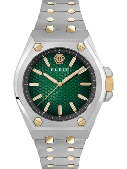 Hexagonale Uhr, grünes Zifferblatt mit "PLEIN", silbernes Armband mit goldenen Akzenten.