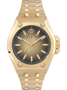 Goldene Uhr mit hexagonalem Muster, goldenen Markierungen und "PLEIN" auf dem Zifferblatt.