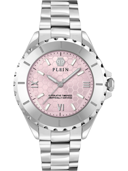 Silberne Uhr mit rosa Zifferblatt, Wabenmuster, römischen Ziffern und "PLEIN"-Schriftzug.