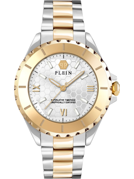 Zweifarbiges Metallarmband, goldener Gehäusedeckel, hexagonales Zifferblatt mit "PLEIN"-Logo.