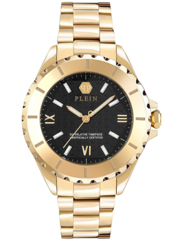 Goldene Philipp Plein Damenarmbanduhr, schwarzes Zifferblatt mit Wabenmuster und römischen Ziffern.