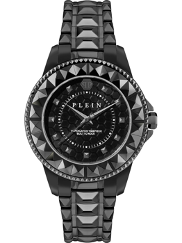 Schwarze Philipp Plein Damenarmbanduhr mit pyramidenförmigen Nieten und glänzender Oberfläche.