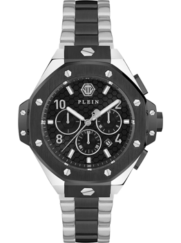 Schwarzes Zifferblatt mit Chronographen, sechseckige Lünette, zweifarbiges Armband.