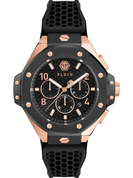 Schwarze und roségoldene Uhr mit sechseckiger Lünette und drei Chronographen-Zifferblättern.