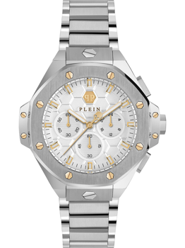 Metallarmband, silbernes Zifferblatt mit Chronographen, sechseckige Schrauben auf der Lünette.
