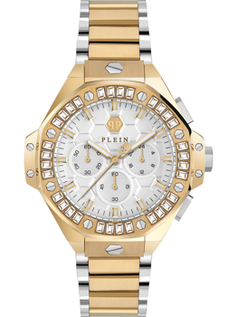 Zweifarbige Uhr in Gold und Silber, mit Zifferblatt, mehreren Ziffernblättern und geometrischem Muster.
