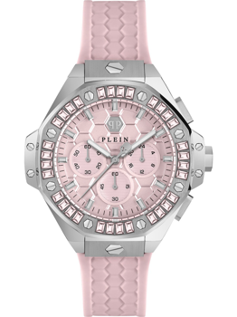 Rosa Zifferblatt mit hexagonalem Muster, rechteckige Steine am Rand, rosa Armband mit Struktur.