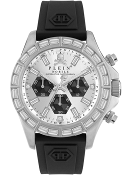 Silbernes Gehäuse, mehrere schwarze Zifferblätter, schwarzes Armband mit Philipp Plein Logo.