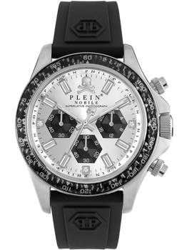 Herrenuhr mit silbernem Zifferblatt, Chronographenzählern, schwarzem Armband und "PP"-Logo.