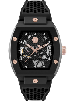 Hexagonale Uhr mit skelettiertem Zifferblatt, sichtbaren Uhrwerken und perforiertem Armband.