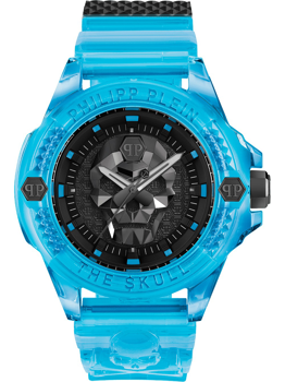Auffällige blaue Uhr mit Totenkopf-Design auf dem Zifferblatt und Text "PHILIPP PLEIN" auf der Lünette.