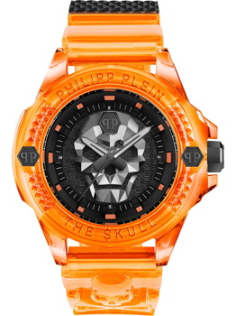 Orange Uhr mit Totenkopf-Zifferblatt, transparentem Gehäuse, "Philipp Plein" Gravur und Texturband.