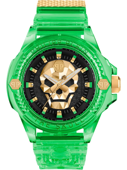 Leuchtend grüne Uhr mit Schädelmotiv auf dem Zifferblatt und Text „PHILIPP PLEIN“ auf der Lünette.