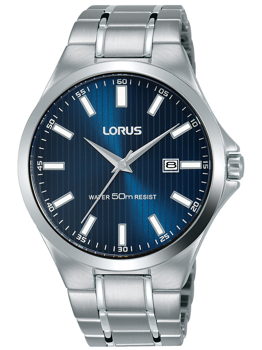 Herrenuhr mit blauem Zifferblatt, silbernen Markierungen, Datumsanzeige bei 3 Uhr, Metallarmband.