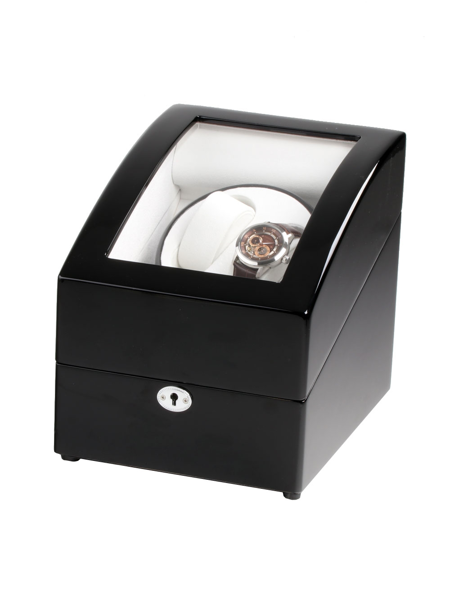 Schwarzer Uhrenbeweger mit transparentem Deckel, zeigt eine Uhr im Inneren.
