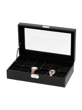 Schwarze Uhrenbox mit 12 Fächern, transparentem Deckel, 2 Uhren innen, Metallverschluss vorne.
