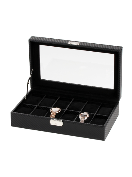 Schwarze Uhrenbox mit 12 Fächern, transparentem Deckel, 2 Uhren innen, Metallverschluss vorne.