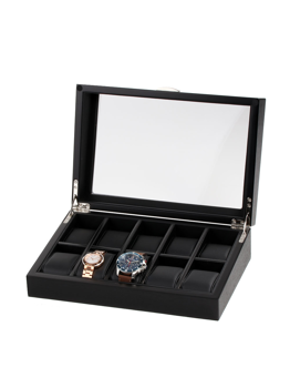 Schwarze Uhrenbox mit transparentem Deckel, zehn Fächer, zwei Uhren sichtbar.