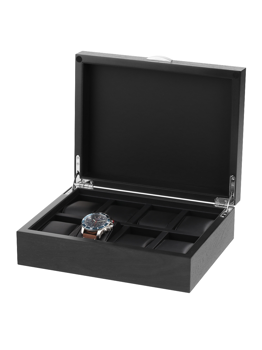 Schwarze Uhrenbox mit Platz für 8 Uhren, offene Klappe mit Scharnieren, eine Uhr innen.