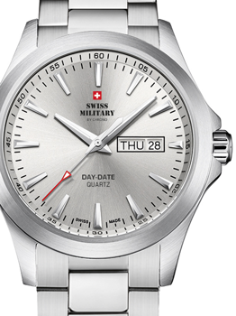 Silberne Swiss Military Uhr mit Tages- und Datumsanzeige, roten Sekundenzeiger, silberne Zeiger.