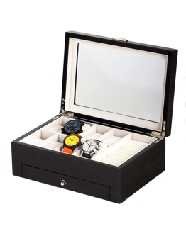 Geöffnete Uhrenbox mit transparentem Deckel, acht Fächern und drei sichtbaren Uhren.