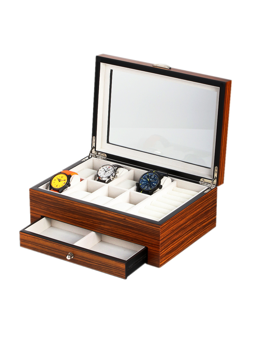 Uhrenbox aus Zebraholz mit Glasdeckel, zeigt 8 Fächer, 3 Uhren darin, und eine Schublade unten.