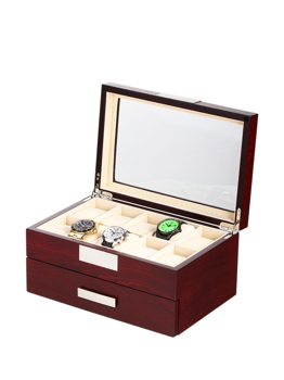Uhrenbox aus Holz mit Glasdeckel, zeigt obere Fächer mit drei Uhren, untere Schublade geschlossen.