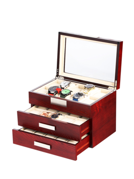 Uhrenbox aus Kirschholz mit Glasdeckel, offene Schubladen, Platz für 30 Uhren.