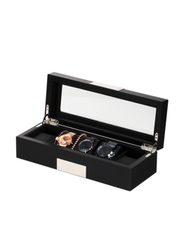 Schwarze Uhrenbox mit transparentem Deckel, zeigt 3 Uhren in 5 Fächern, Metallscharniere.