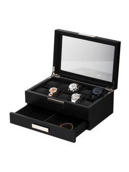 Schwarze Uhrenbox mit transparentem Deckel, 10 Fächer, 4 Uhren sichtbar, Schublade geöffnet.