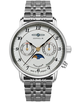 Silberne Zeppelin-Uhr mit Mondphasenanzeige unten, Wochentag links, Datum rechts auf weißem Zifferblatt.