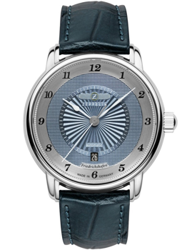 Blaue Uhr mit Muster, Datumsanzeiger über 6, Text "automatic" und "Friedrichshafen".