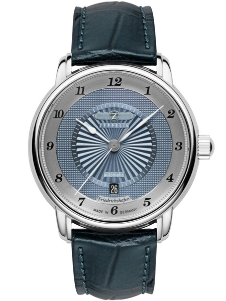 Blaue Uhr mit Muster, Datumsanzeiger über 6, Text "automatic" und "Friedrichshafen".
