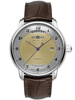 Herrenarmbanduhr Zeppelin 8562-5 mit Texturzifferblatt, Tages- und Datumsanzeige, braunes Lederarmband.