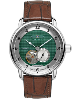 Grünes Zifferblatt, Open-Heart-Design, Hilfszifferblatt bei 4 Uhr, braunes Lederarmband.