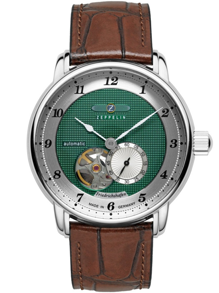 Grünes Zifferblatt, Open-Heart-Design, Hilfszifferblatt bei 4 Uhr, braunes Lederarmband.