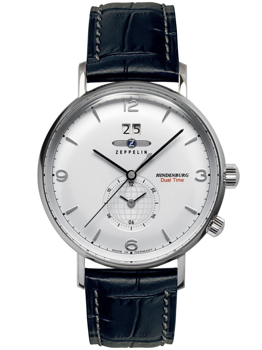 Weißes Zifferblatt, schwarzes Lederarmband, silbernes Gehäuse, Dual Time-Anzeige, Logo "Zeppelin".