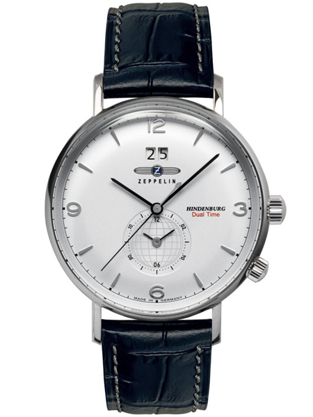 Weißes Zifferblatt, schwarzes Lederarmband, silbernes Gehäuse, Dual Time-Anzeige, Logo "Zeppelin".