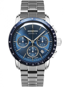 Blaues Zifferblatt, drei Hilfszifferblätter, Datumsfenster bei 4 Uhr, Tachymeter-Lünette.